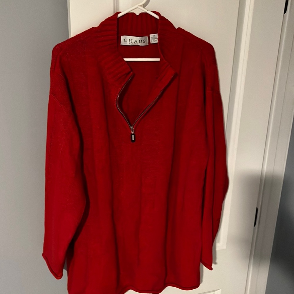 Heavy red cotton material, as if crochet